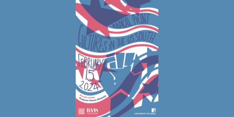 An abstract design in white, pink, and blue, showing a clenched fist and stars against a striped background. Text reads Radical Print in the US South February 15 2024