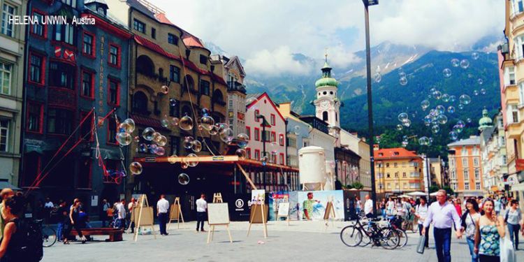 Austrian street filled with bubbles