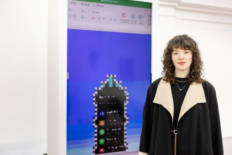 Ronnie with her work at Leeds Art Gallery