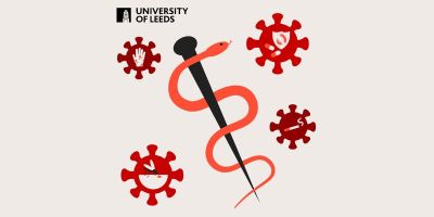 CGI stylised image of serpent twisting around a staff, and medical symbols floating around it