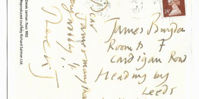 Photo of postcard sent by artist Derek jarman to Jim Brogden in 1993