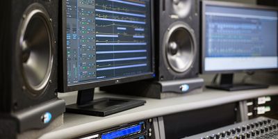 Speakers and computer with music software on screen.