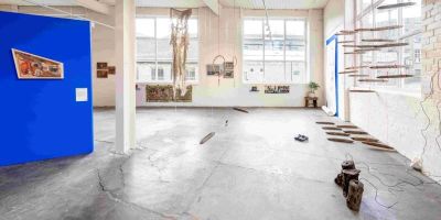 View of artworks in a gallery including painting and sculpture