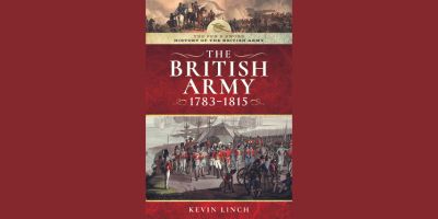 The cover of a book on a red background. The main image is of eighteenth-century British soldiers.