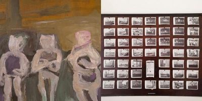 Two artworks side by side. Oil painting on the left and photo installation to the right.
