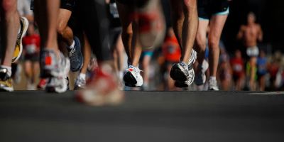 A close-up for runners' feet mid-run