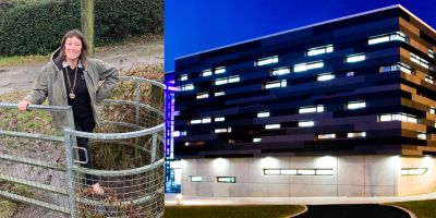 Left: Katie Surridge, smiling, on a public footpath. Right: stage@leeds at night.
