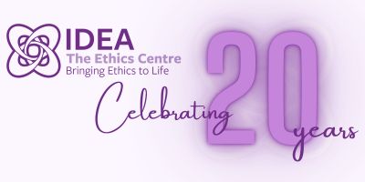 IDEA Logo with text Idea The Ethics Centre Bringing Ethics to Life
then text reading Celebrating 20 Years