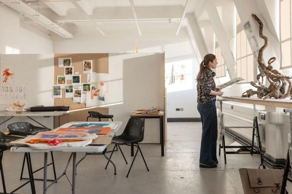 Studio space in the School of Fine Art, History of Art and Cultural Studies capturing a variety of student work.
