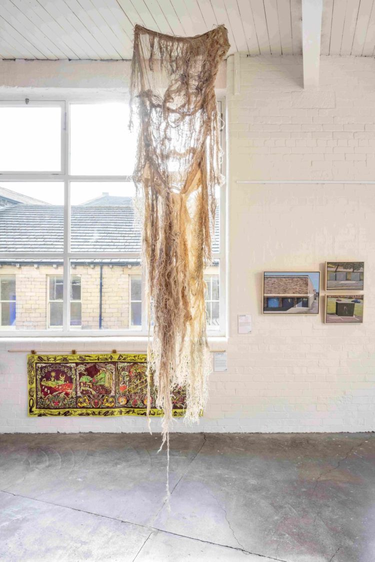 Close up view of artwork by Alice Boot, created with Hessian, ash tree, found metal, wood, cheese cloth.