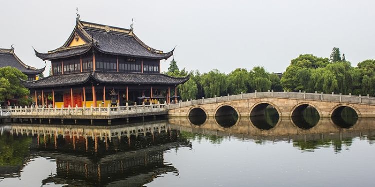Japanese building on the waterfront.