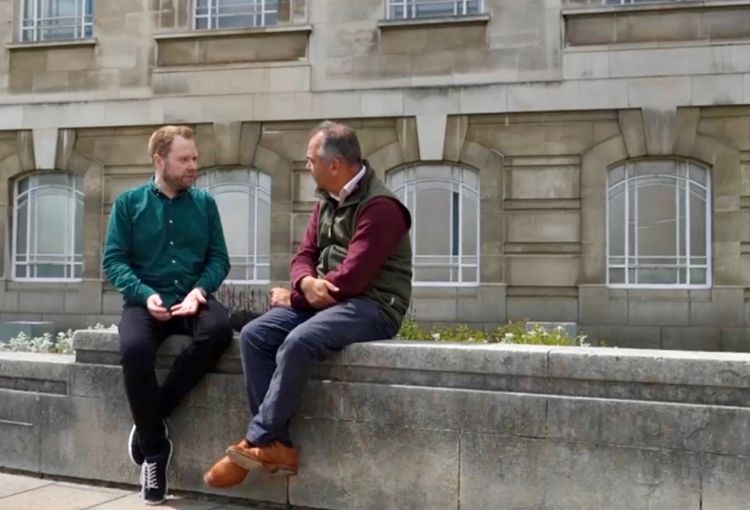 Professor Sascha Stollhans speaks to the BBC News at 10’s Danny Savage outside the Parkinson Building, University of Leeds. 